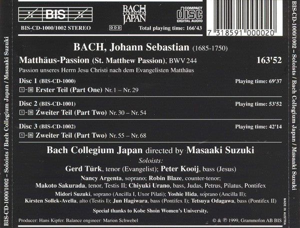 J.S. Bach* / Bach Collegium Japan, Masaaki Suzuki : Matthäus-Passion (3xCD, Album)
