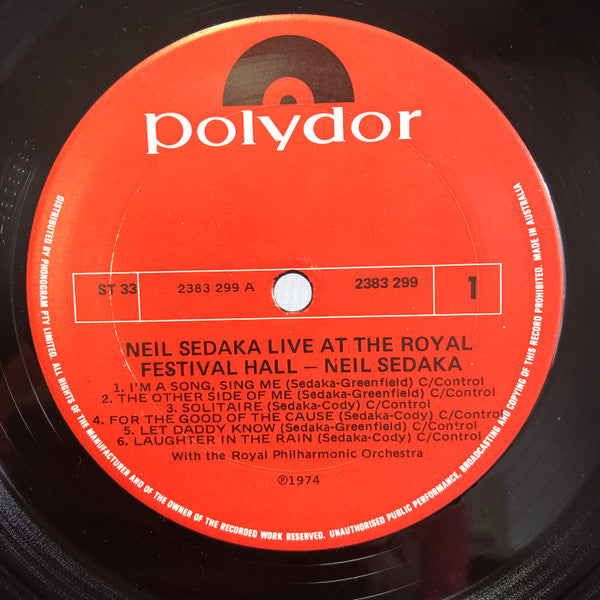 Neil Sedaka With The Royal Philharmonic Orchestra* : Live At The Royal Festival Hall (LP, Album)