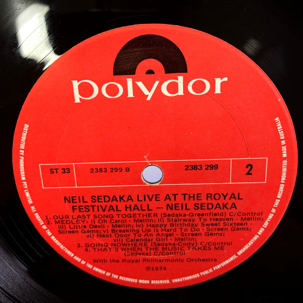 Neil Sedaka With The Royal Philharmonic Orchestra* : Live At The Royal Festival Hall (LP, Album)