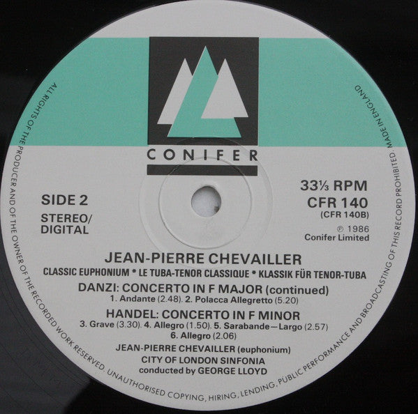 Jean-Pierre Chevallier (2) Plays Concertos By Wolfgang Amadeus Mozart, Franz Danzi, Georg Friedrich Händel, City Of London Sinfonia Conducted By George Lloyd : Jean-Pierre Chevallier Plays Concertos By Mozart Danzi Haendel (LP, Album)
