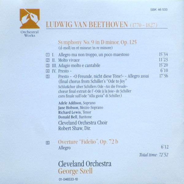 Ludwig van Beethoven • Adele Addison, Jane Hobson, Richard Lewis (3), Donald Bell, The Cleveland Orchestra, The Cleveland Orchestra Chorus, George Szell : Symphony No. 9 "Choral" / "Fidelio" Overture (CD, Comp, RM)