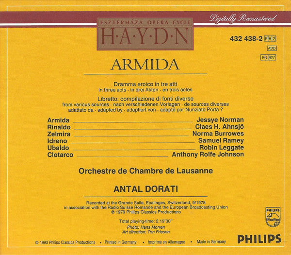 Joseph Haydn - Jessye Norman · Claes-Håkan Ahnsjö · Norma Burrowes · Samuel Ramey · Robin Leggate · Anthony Rolfe Johnson · Orchestre De Chambre De Lausanne · Antal Dorati : Armida (2xCD, Album, RE, RM + Box, Sli)