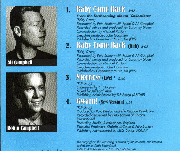 Pato Banton Featuring Ali Campbell And Robin Campbell : Baby Come Back (CD, Single)