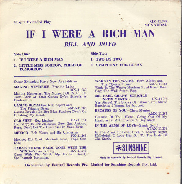 Bill And Boyd : If I Were A Rich Man (7", EP, Mono)