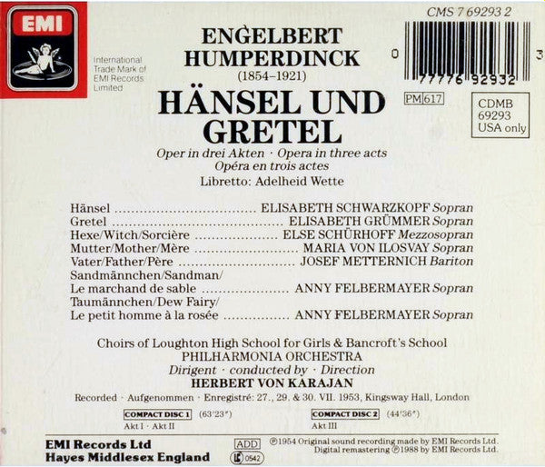 Humperdinck* / Karajan* / Schwarzkopf* • Grümmer* • Metternich* • Von Ilosvay* • Schürhoff* • Felbermayer* / Philharmonia Orchestra : Hänsel Und Gretel (2xCD, Album, Mono, RM)
