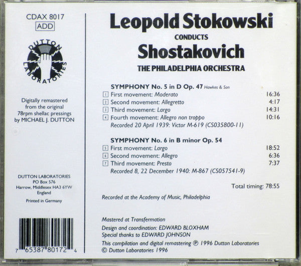 Stokowski* conducts Shostakovich*, The Philadelphia Orchestra : Symphony No. 5 • Symphony No. 6 (CD, Comp, Mono, RM)