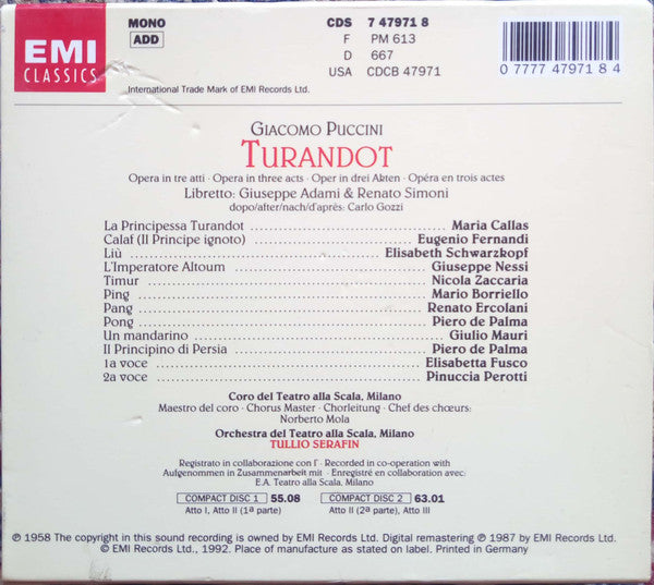 Puccini* / Callas*, Schwarzkopf*, Fernandi*, Zaccaria*, Orchestra* E Coro Del Teatro Alla Scala Di Milano*, Serafin* : Turandot (2xCD, Mono, RE + Box, Sli)