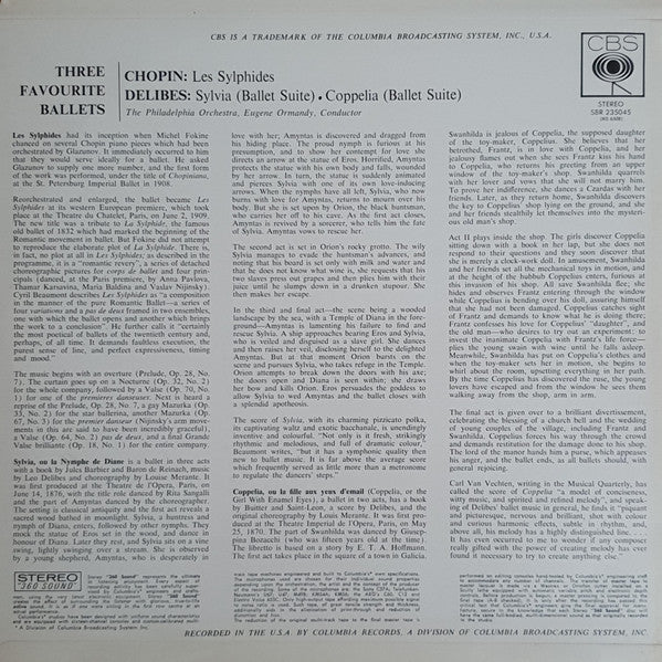 Chopin* / Delibes* - Eugene Ormandy, The Philadelphia Orchestra : Three Favorite Ballets (Les Sylphides / Suite From Sylvia / Suite From Coppélia) (LP)