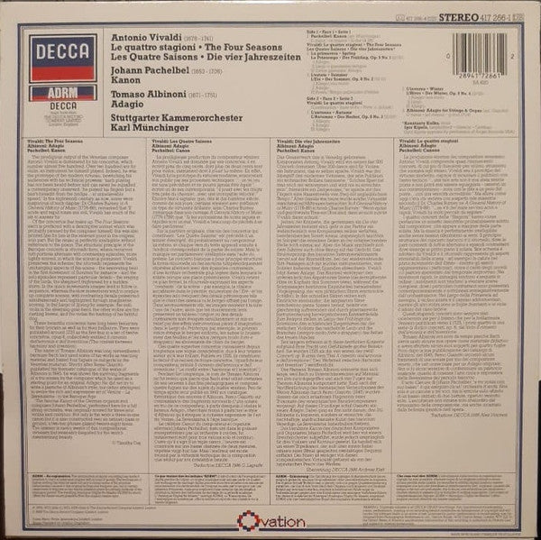 Antonio Vivaldi / Johann Pachelbel / Tomaso Albinoni, Stuttgarter Kammerorchester, Karl Münchinger : Le Quattro Stagioni / Kanon / Adagio (LP, RE, RM)