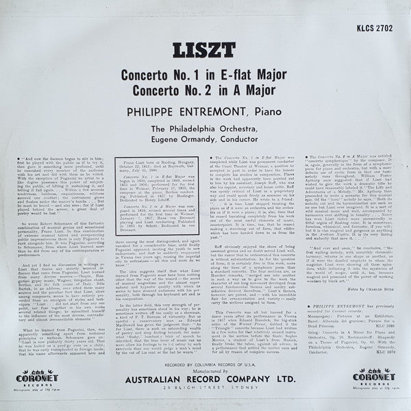 Franz Liszt, Philippe Entremont, The Philadelphia Orchestra, Eugene Ormandy : Concertos Nos. 1 And 2 (LP, Album)