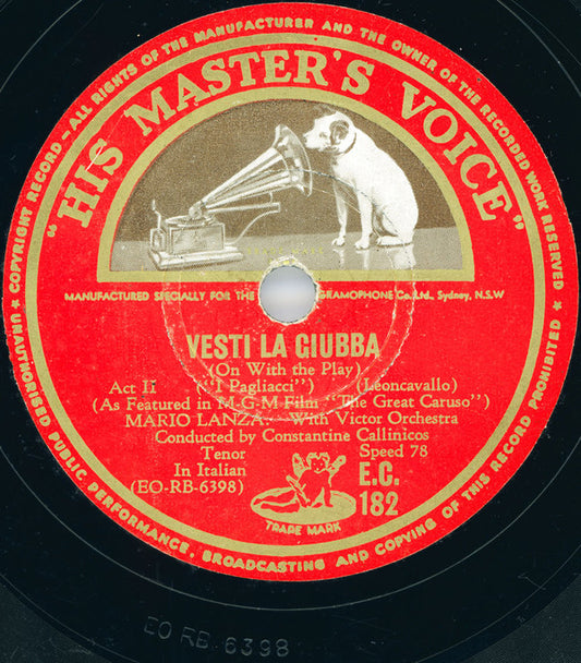 Mario Lanza : Vesti La Giubba (On With The Play) / Ave Maria (Shellac, 10")