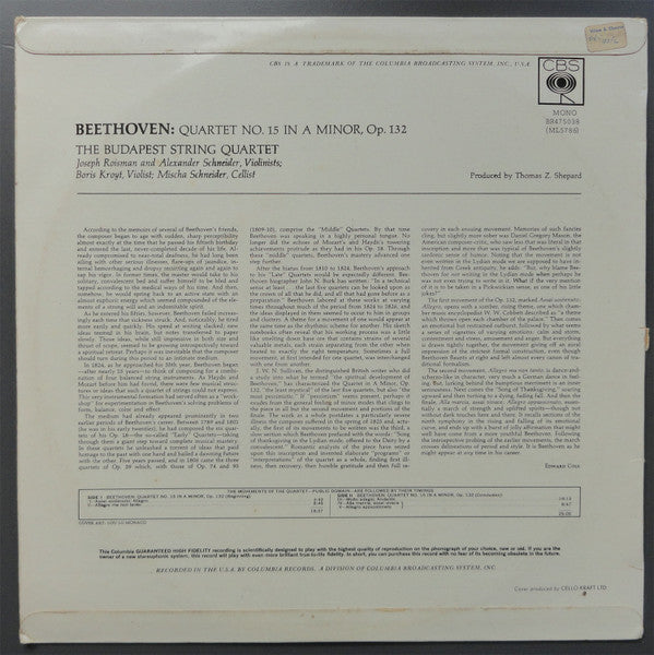 Ludwig van Beethoven, Budapest String Quartet : Quartet No. 15 In A Minor, Op. 132 (LP, Mono)
