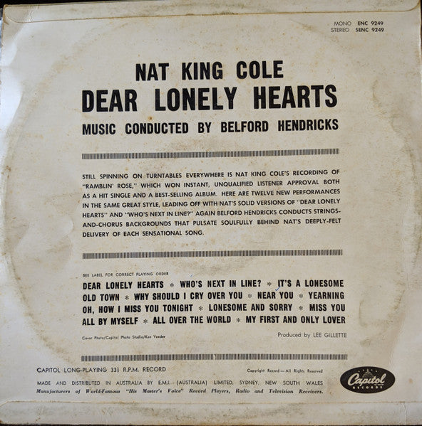 Nat King Cole : Dear Lonely Hearts (LP, Mono)
