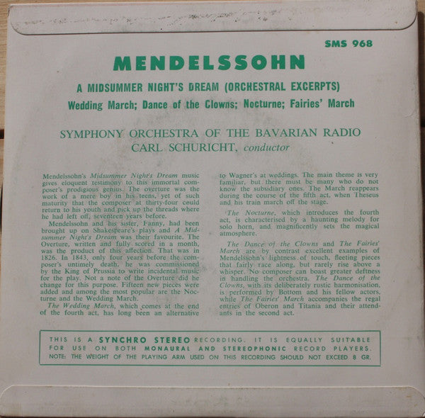 Orchestra Of The Bavarian Radio Munich*, Carl Schuricht - Mendelssohn* : A Midsummernight's Dream (7")