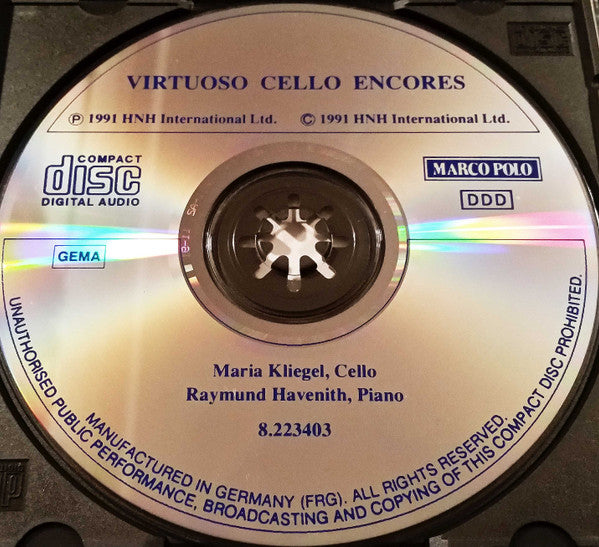 Maria Kliegel, Raymund Havenith : Virtuoso Cello Encores (Dance Of The Green Devil • Die Biene • Vocalise • Fantasy On Little Russian Songs • Cantilena) (CD)