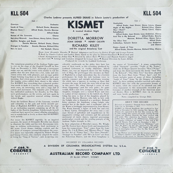 Alfred Drake & The Kismet Original Broadway Cast : Kismet (LP, Album, Mono)
