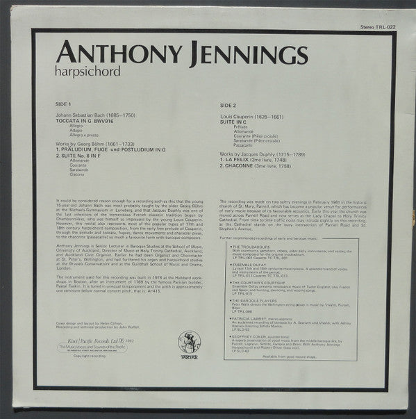 Anthony Jennings (2), Johann Sebastian Bach, Georg Böhm, Louis Couperin, Jacques Duphly : Anthony Jennings Harpsichord (LP)