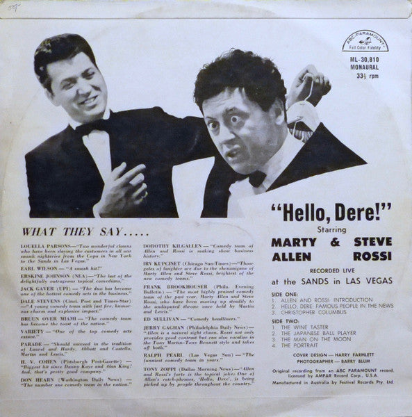 Marty Allen And Steve Rossi (3) : Hello Dere!  (LP, Album, Mono)
