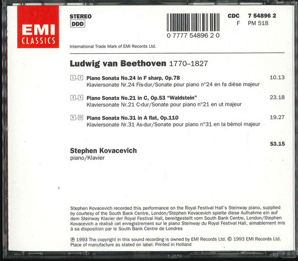 Beethoven*, Stephen Kovacevich* : Piano Sonatas Opp. 53, 78 & 110 (CD, Album)