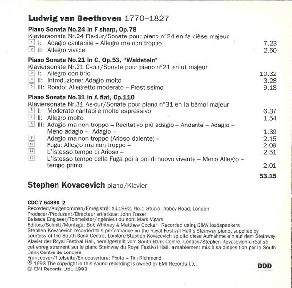 Beethoven*, Stephen Kovacevich* : Piano Sonatas Opp. 53, 78 & 110 (CD, Album)
