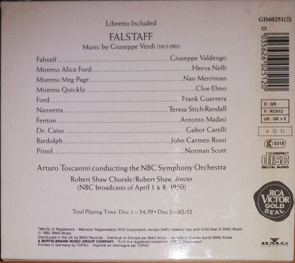 Giuseppe Verdi - Giuseppe Valdengo • Herva Nelli • Nan Merriman • Cloe Elmo • Frank Guerrero • Teresa Stich-Randall, Arturo Toscanini, NBC Symphony Orchestra : Falstaff (2xCD, Album, Mono, RE, RM + Box)