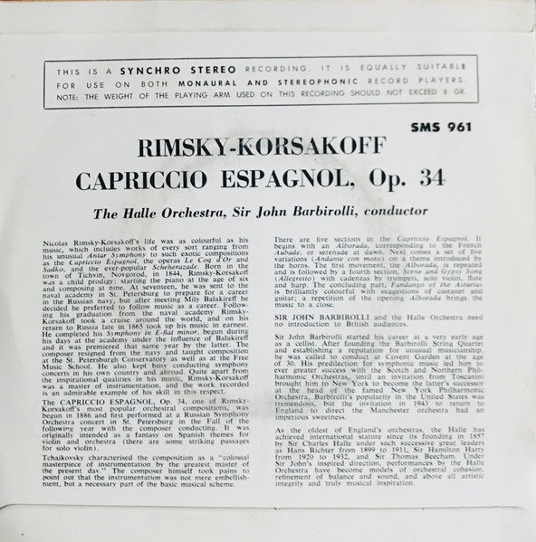 Rimsky Korsakoff* - The Hallé Orchestra*, Sir John Barbirolli : Capriccio Espagnol (7", RE)