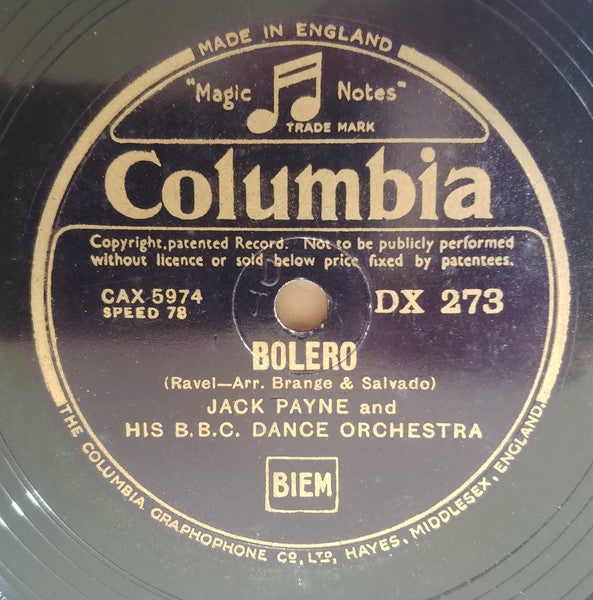 Jack Payne And His The BBC Dance Orchestra : Bolero / Entrance Of The Little Fauns (Shellac, 12", RP, DT)