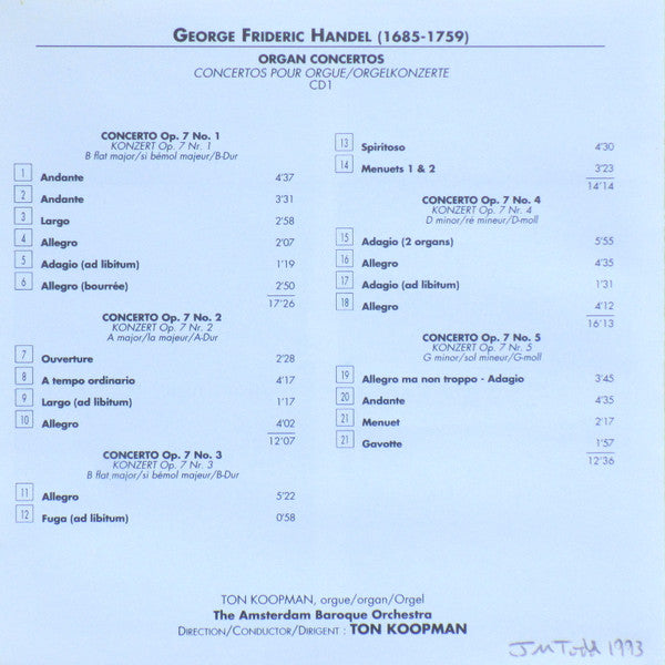 Handel*, Ton Koopman : Organ Concertos Op.7 Nos.1-5 / Organ Concertos Op.7 No.6 & Op.4 Nos.1-6 (2xCD, RE)