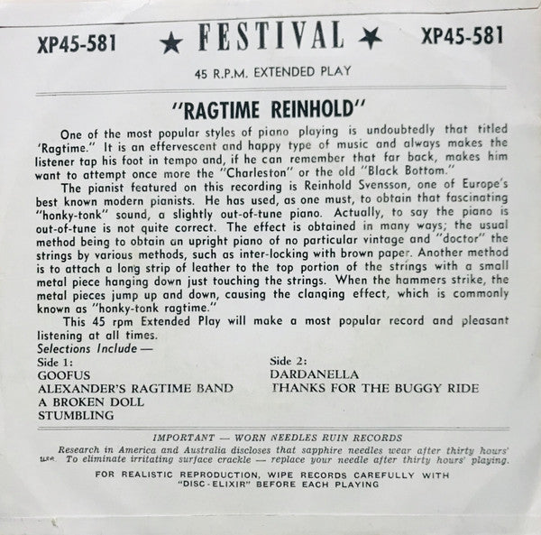 Reinhold Svensson : Ragtime Reinhold (7", EP)