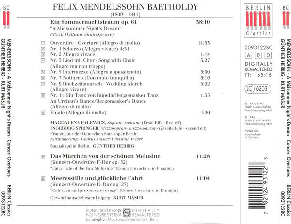 Mendelssohn* / Staatskapelle Berlin, Günther Herbig, Gewandhausorchester Leipzig, Kurt Masur : Ein Sommernachtstraum; Meeresstille Und Glückliche Fahrt; Das Märchen Von Der Schönen Melusine (CD, Album, Comp, RE, RM)