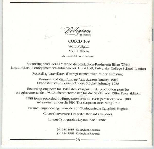 Fauré* - The Cambridge Singers, Members Of The City Of London Sinfonia* Directed By John Rutter : Requiem (1893 Version) And Other Choral Music (CD, Album)