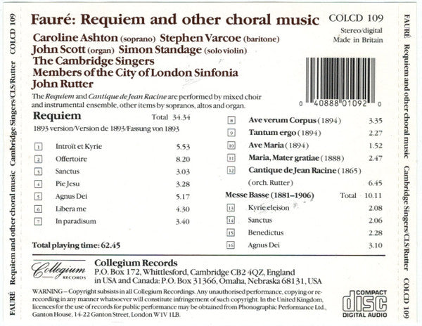 Fauré* - The Cambridge Singers, Members Of The City Of London Sinfonia* Directed By John Rutter : Requiem (1893 Version) And Other Choral Music (CD, Album)