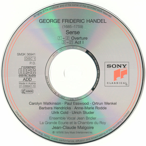Georg Friedrich Händel – Jean-Claude Malgoire, La Grande Ecurie Et La Chambre Du Roy, Carolyn Watkinson, Barbara Hendricks, Paul Esswood, Ortrun Wenkel, Anne-Marie Rodde, Ulrik Cold, Ulrich Studer : Serse = Xerxes (3xCD, Album, RE)