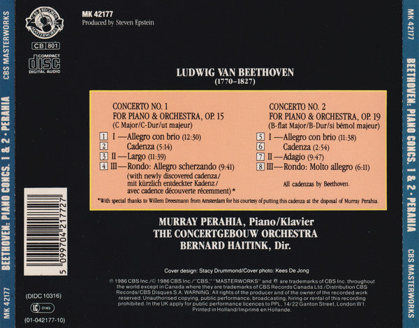 Beethoven* - Murray Perahia, Concertgebouw Orchestra*, Bernard Haitink : Piano Concertos Nos. 1 & 2 (CD, Album)