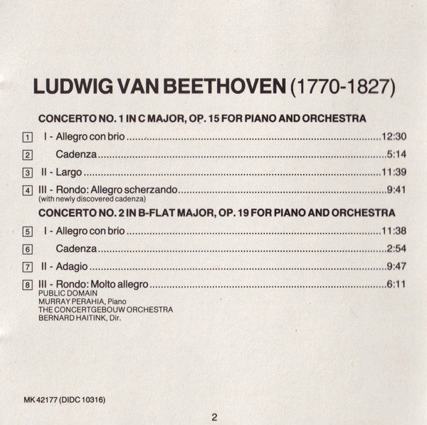 Beethoven* - Murray Perahia, Concertgebouw Orchestra*, Bernard Haitink : Piano Concertos Nos. 1 & 2 (CD, Album)