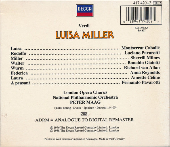 Verdi* - Pavarotti* · Caballé* · Milnes* · Giaiotti* · Reynolds* · Van Allan* · National Philharmonic* · Maag* : Luisa Miller (2xCD, Album, RM + Box, Sli)