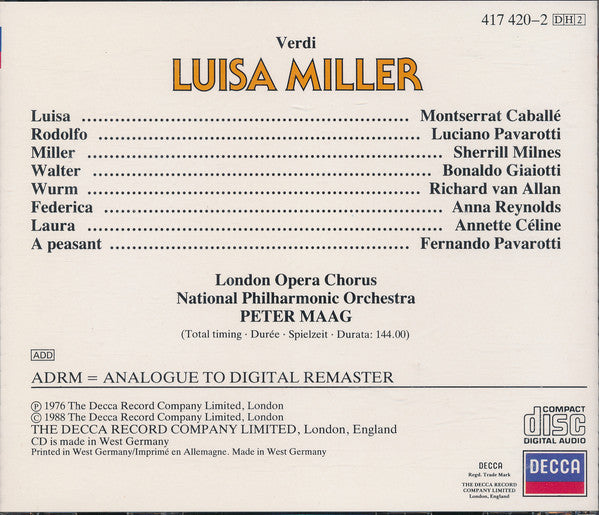 Verdi* - Pavarotti* · Caballé* · Milnes* · Giaiotti* · Reynolds* · Van Allan* · National Philharmonic* · Maag* : Luisa Miller (2xCD, Album, RM + Box, Sli)