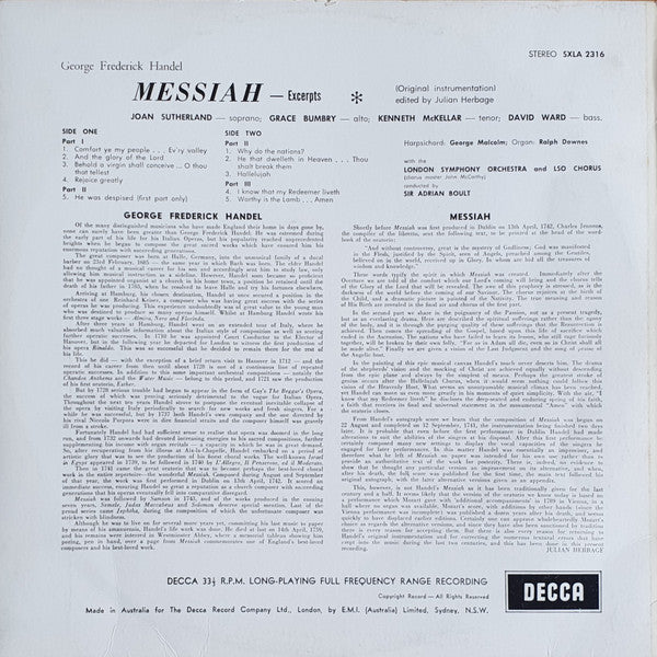Georg Friedrich Händel, Joan Sutherland, Kenneth McKellar, Grace Bumbry, David Ward (7), London Symphony Orchestra & London Symphony Chorus, Sir Adrian Boult : Messiah - Excerpts (LP)