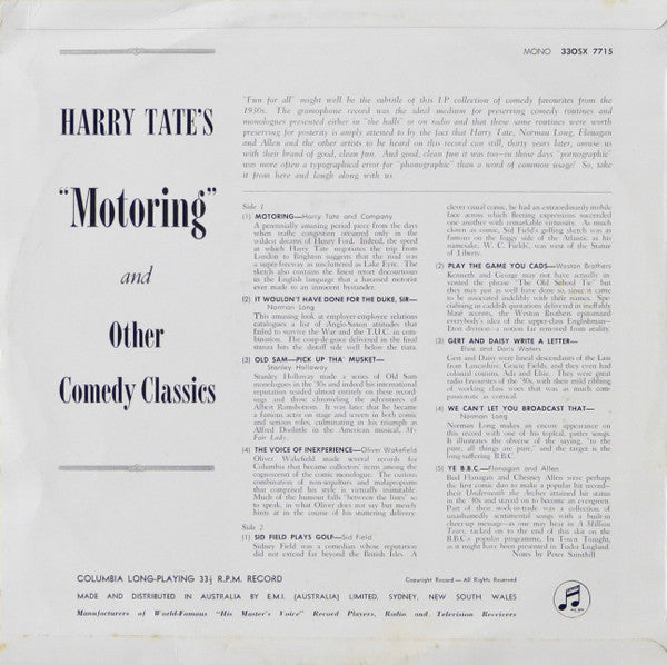 Various : Harry Tate's "Motoring" And Other Comedy Classics (LP, Comp, Mono)
