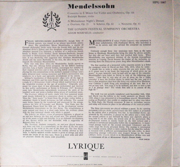 Felix Mendelssohn-Bartholdy  -  Rudolf Baumer, The London Festival Symphony Orchestra : Adam Marfield : Violin Concerto, A Midsummer Night's Dream (LP, Mono)