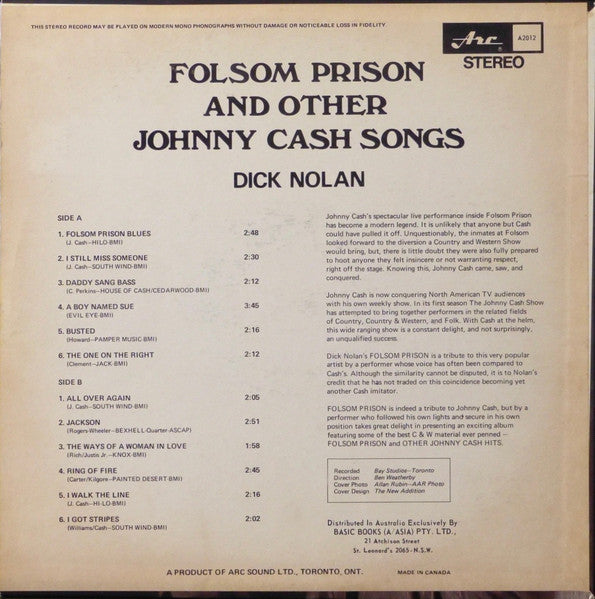 Dick Nolan (2) : Folsom Prison And Other Johnny Cash Songs (LP, Album)