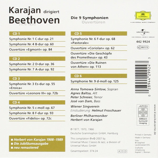 Ludwig van Beethoven / Wiener Singverein, Berliner Philharmoniker, Herbert  von Karajan - Die 9 Symphonien - Ouvertüren (Box, Comp, RE + 6xCD, RM) ...