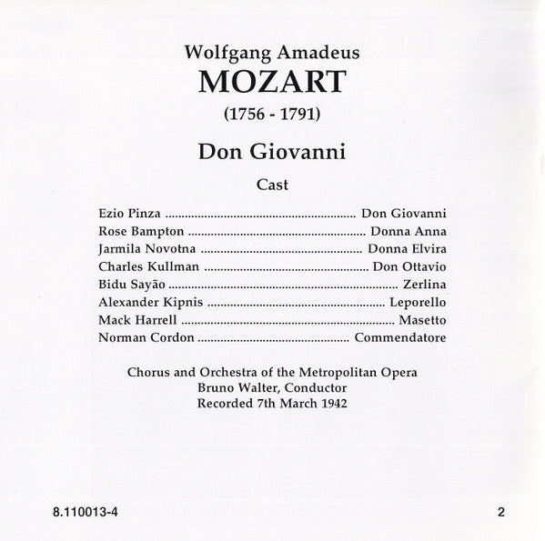 Wolfgang Amadeus Mozart - Ezio Pinza, Rose Bampton, Jarmila Novotná, Alexander Kipnis, Charles Kullman, Bidú Sayão, Norman Cordon, Metropolitan Opera* And Chorus*, Bruno Walter : Don Giovanni (2xCD, Album, Mono, RE, RM)