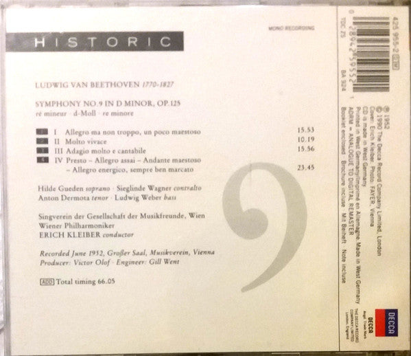 Ludwig van Beethoven - Wiener Philharmoniker ; Wiener Singverein • Hilde Güden • Sieglinde Wagner • Anton Dermota • Ludwig Weber • Erich Kleiber : Symphony No.9 in D Minor, Op.125, "Choral" (CD, Album, Mono, RE, RM)