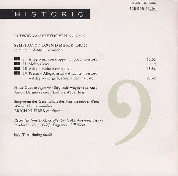 Ludwig van Beethoven - Wiener Philharmoniker ; Wiener Singverein • Hilde Güden • Sieglinde Wagner • Anton Dermota • Ludwig Weber • Erich Kleiber : Symphony No.9 in D Minor, Op.125, "Choral" (CD, Album, Mono, RE, RM)