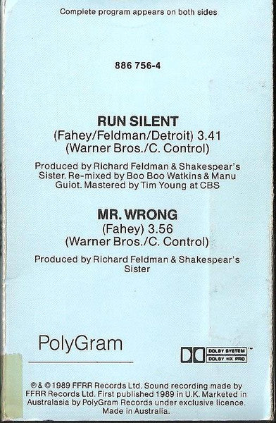 Shakespear's Sister : Run Silent (Cass, Single)