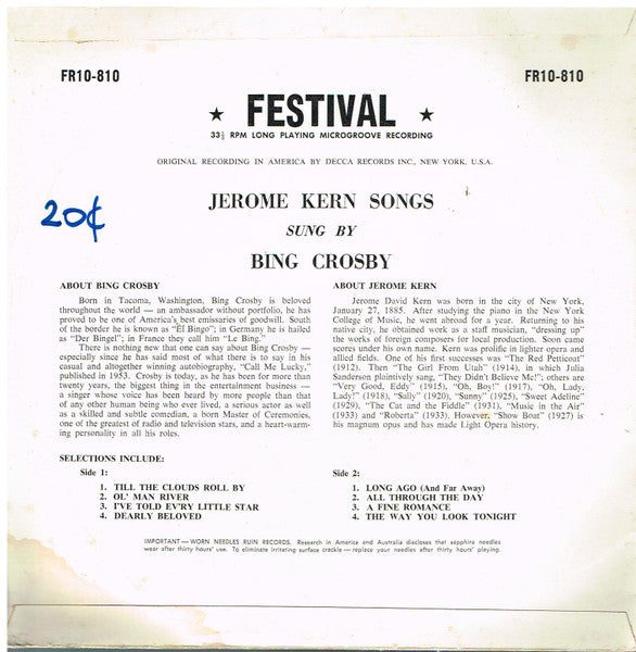 Bing Crosby : Jerome Kern Songs (10", Album, Mono)