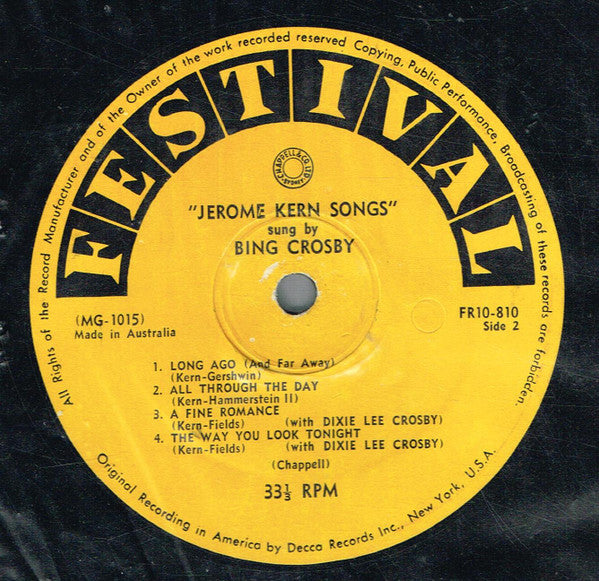 Bing Crosby : Jerome Kern Songs (10", Album, Mono)