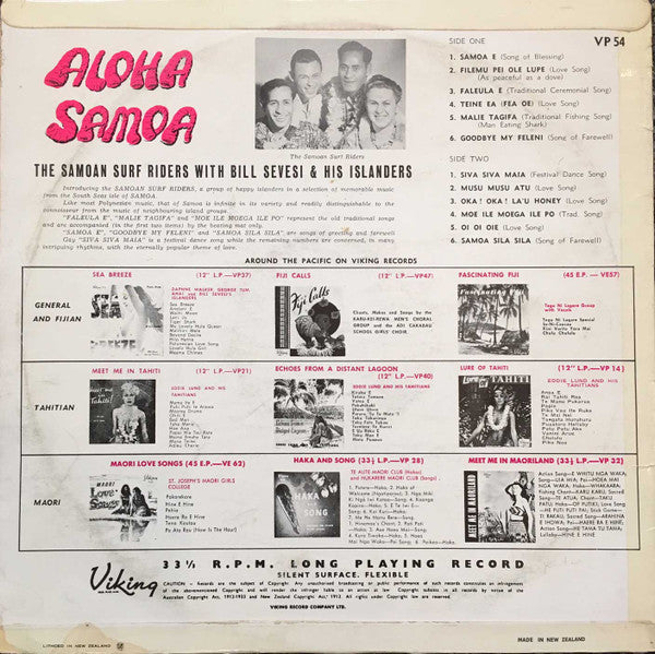 The Samoan Surf Riders With Bill Sevesi & His Islanders : Aloha Samoa (LP, Album)