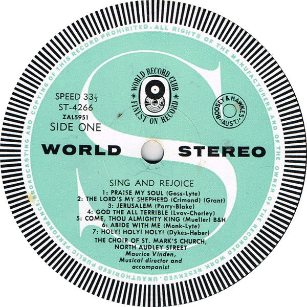 Choir Of St. Mark's Church, North Audley Street, Maurice Vinden : Sing & Rejoice (LP, Album, Club)